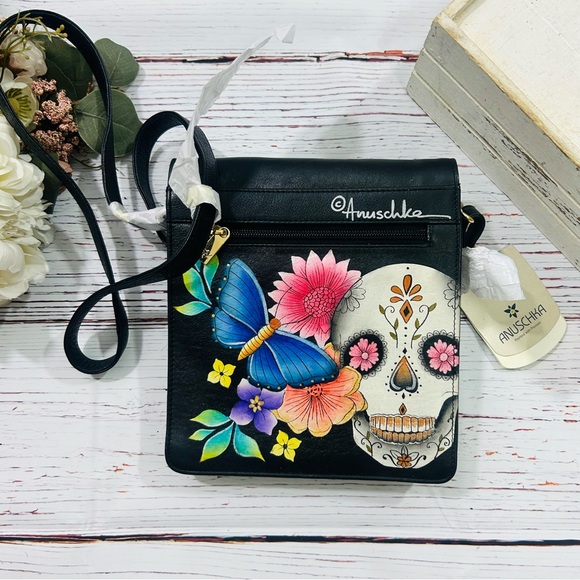 Anuschka Black Leather Sugar Skull Hand Painted Crossbody Bag NWT day of dead - Picture 3 of 5